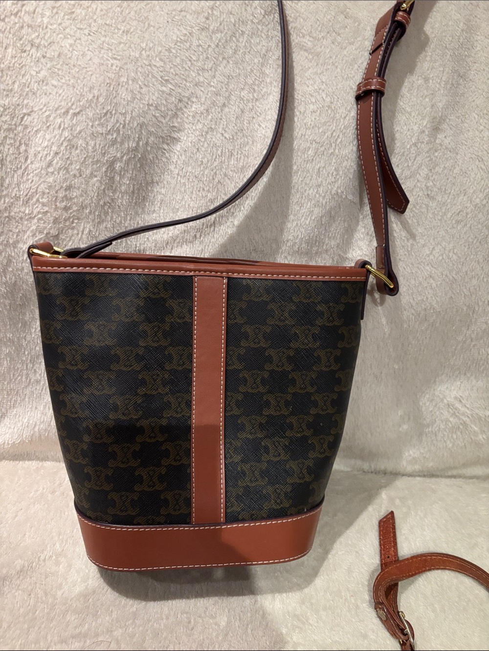 Designer-Style Brown Patterned Crossbody Bucket Bag